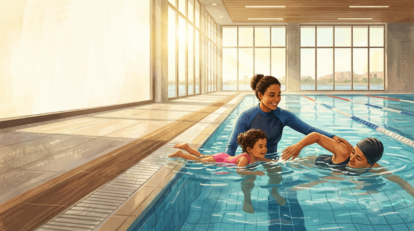 مدرب سباحة يدرّب طفلاً وشخصاً بالغاً في مسبح داخلي في القاهرة