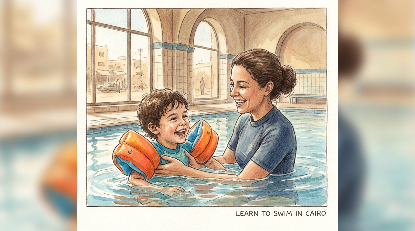 طفل يرتدي عوامات ملونة يتعلم السباحة مع مدرب في مسبح داخلي